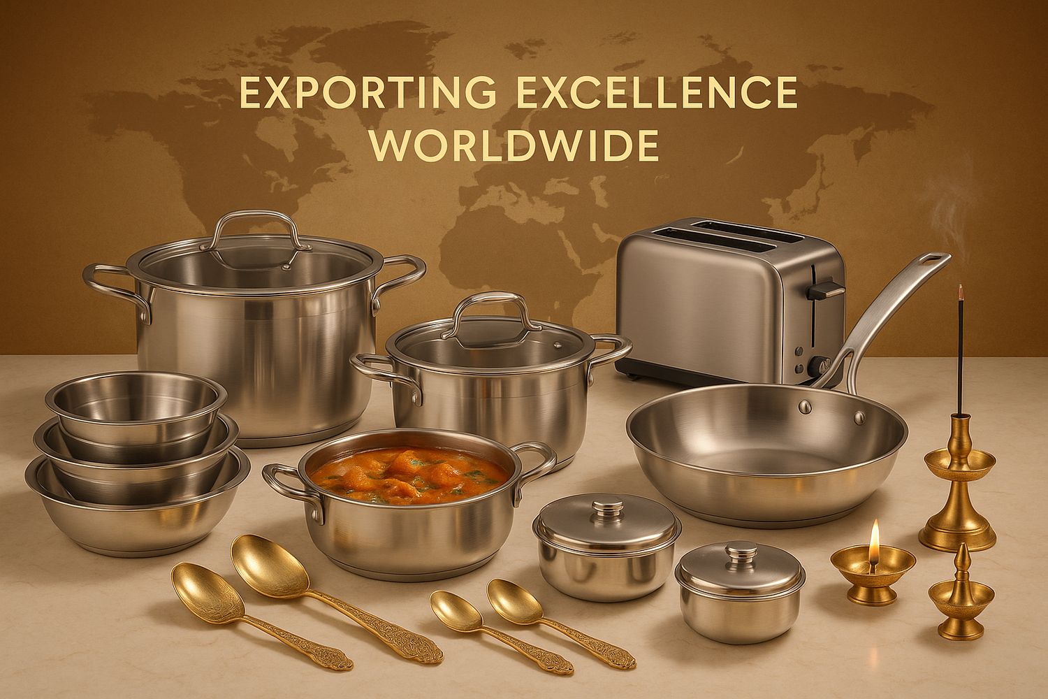 Exporting Excellence Worldwide Indian stainless steel kitchenware, exquisite brass utensils, sacred pooja articles, and premium kitchen utilities to discerning customers around the world.